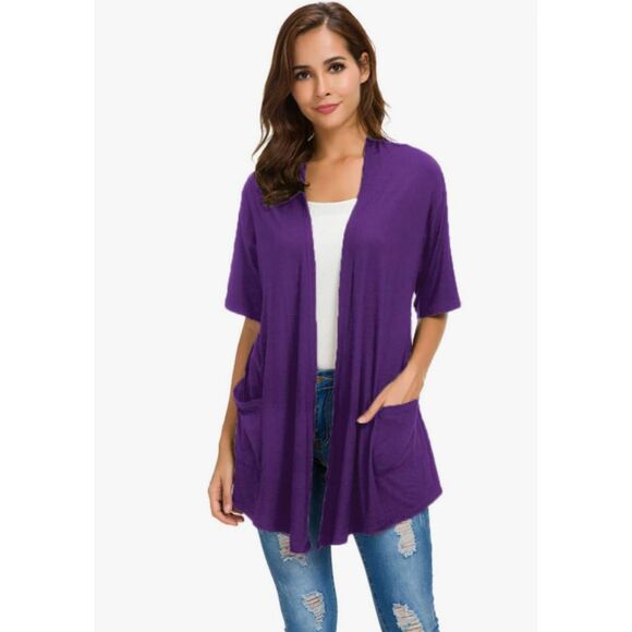Women's Short Sleeve Open Front Modal Cardigan - Lightweight Drape Hem Sweater - Picture 4 of 6